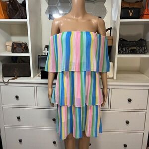 Vintage Womens Off Shoulder Tiered Ruffle Pleated Rainbow Striped Dress